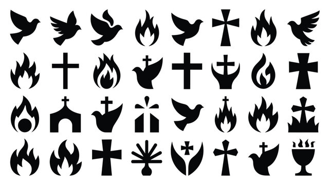 Collection of christian symbols including crosses doves flames and chalices on white background