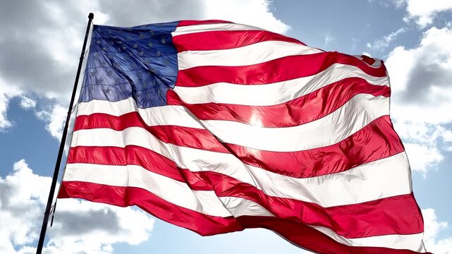 American Stars and Stripes Flag Waving Outdoors Against Cloudy Blue Sky
