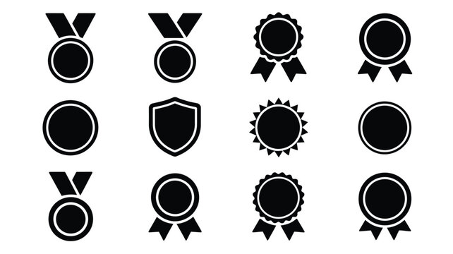 Collection of black and white vector award icons including medals ribbons and shields on a clean white background for recognition and achievement concepts