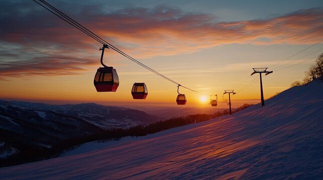 Ski Resort Gondola Lift at Sunset in Winter
