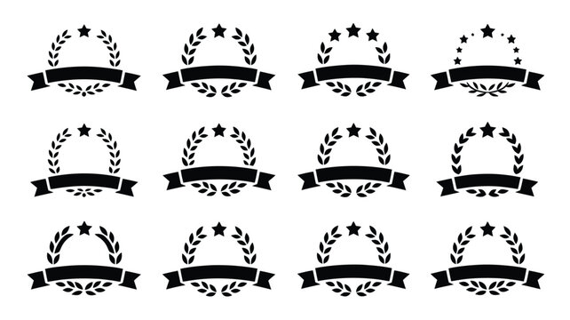 Black silhouette wreath badges with ribbons and stars on white background for awards and recognition