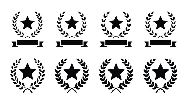 Bundle of 8 black award icons with laurel wreaths and stars on white background for recognition and achievement
