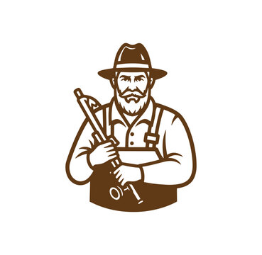 Man with beard and hat holding a rifle  outdoorsman illustration