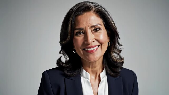 Professional headshot of a smiling middle-aged woman with salt and pepper hair, wearing a navy blue blazer and white blouse, isolated on a neutral grey background for corporate use.