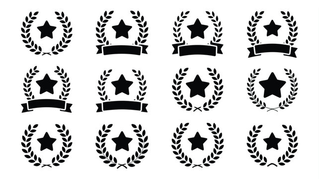 Black silhouette laurel wreath badges with stars and ribbons on white background for awards and recognition