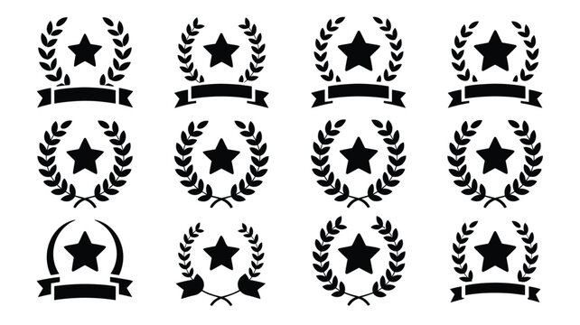 Set of black silhouette laurel wreath badges with stars and ribbons on white background for awards and recognition