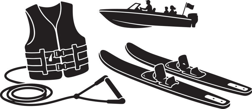 Black and white silhouette set featuring a life vest, a motorboat with passengers, a pair of water skis, and a tow rope with a handle for water sports activities