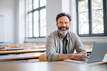 Fototapeta premium Smiling male student with laptop in empty lecture hall.
