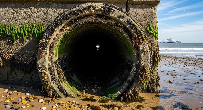 Concrete drainage pipe on a sandy beach ocean view and blue sky