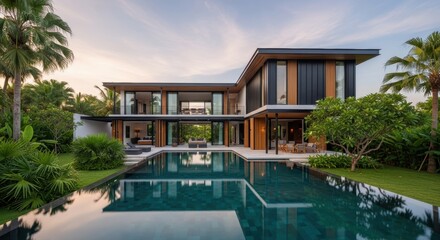 Fototapeta premium A serene contemporary backyard with a wide pool and modern house surrounded by lush greenery and palm trees at dusk.