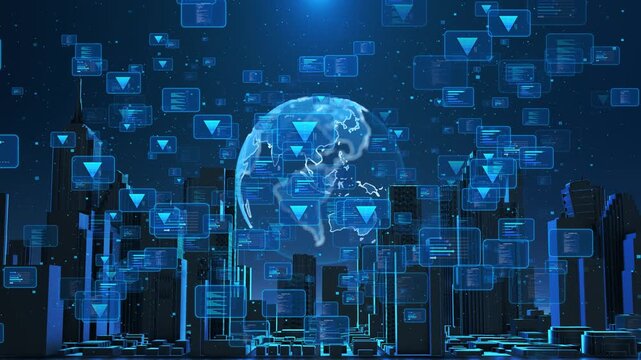 Digital cityscape neon lights, futuristic architecture Blockchain web 3.0 defi crypto currency NFT . Bitcoin mining big data grid business Virtual reality environment. cyber world map earth metaverse