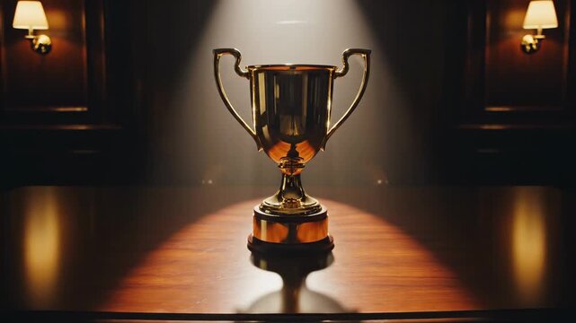 Golden trophy standing on polished wooden table, spotlight, winner achievement, sports award, championship success, celebration