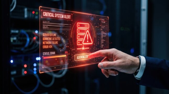 A hand interacts with a holographic alert screen warning of a server offline status during a network failure. The setting is a server room.