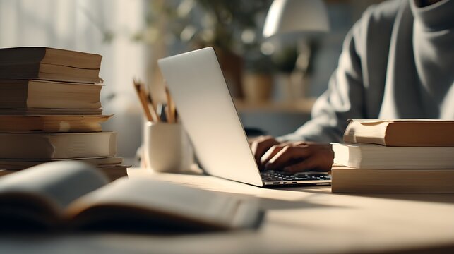 Focused student typing on laptop amidst books, bathed in warm sunlight, studying diligently.