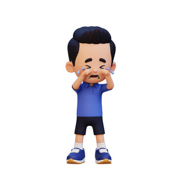 3D Little Boy crying with tears emotional sadness and upset feeling concept.