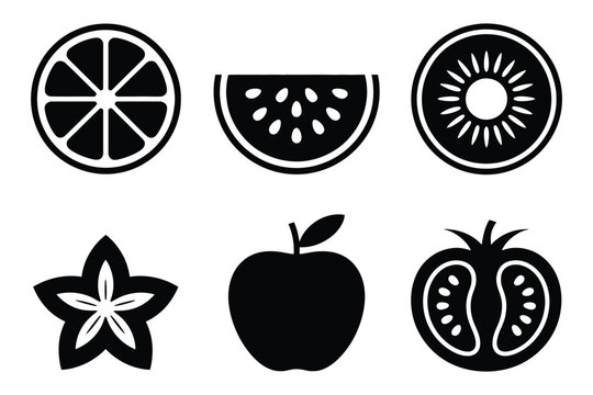 Fresh fruit cross section and vegetable silhouette icons, modern food nutrition vector illustration set, clean flat design collection for healthy eating