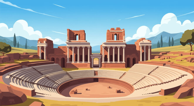 Vector illustration of an ancient Roman amphitheater featuring semicircular stone seating tiers, a classical stage building with columns, and arches set against a scenic landscape background.