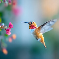 Obraz premium Rufous Hummingbird Hovering Near Pink Flowers in a Vibrant Garden.