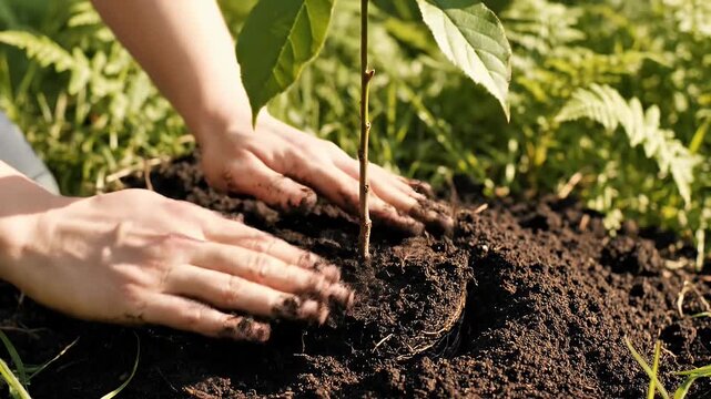 Hands planting sapling in soil sunlight environment conservation concept