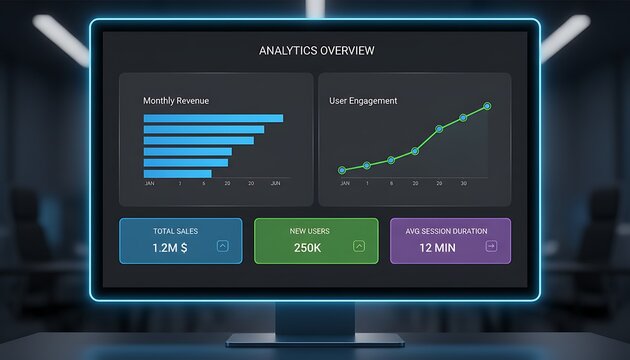 Futuristic Analytics Overview on Neon Screen in Dark Office