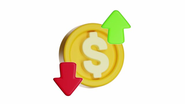 3d looping ui icon dollar coin with green up and red down arrows. Suitable for financerelated concepts, market trends analysis, investment decisions, financial reports.