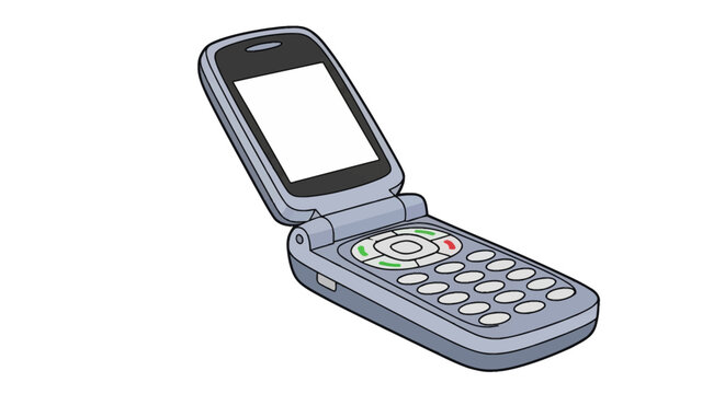 Vector illustration of a vintage grey flip phone in an open position with a blank white screen for copy space, featuring a physical numeric keypad, isolated on a white background.