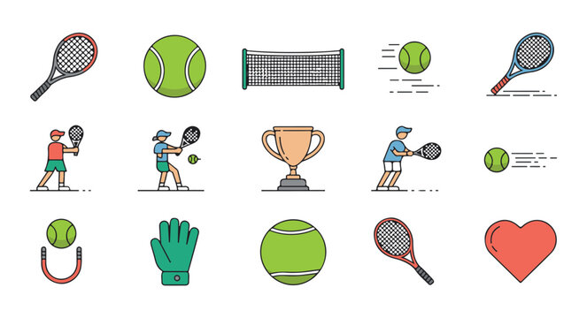 Colorful flat line icons of tennis equipment and players including rackets balls nets and winner trophy.