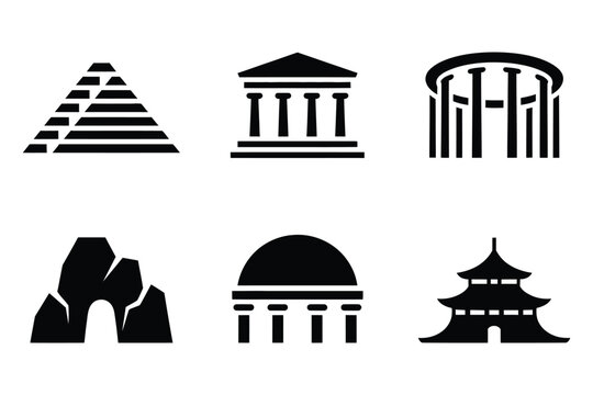 Global landmarks and historic monuments black icon set, world architecture silhouette collection, clean minimal vector illustration