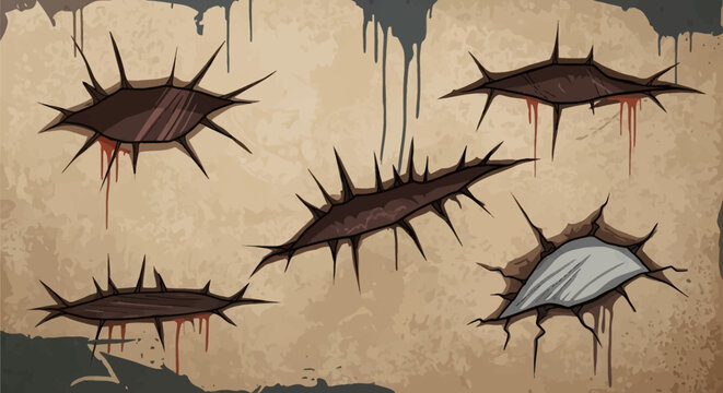 Stylized vector illustration of sharp jagged gashes and thorny wounds with dripping red liquid and black paint on a weathered tan textured wall in a gritty urban graffiti style.