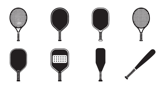 Collection of sports equipment including tennis racket, pickleball paddles and baseball bat.