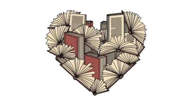Vector illustration of multiple open books with fanned pages arranged to form a heart shape on a white background, featuring red and grey hardcover volumes with cream-colored paper pages.