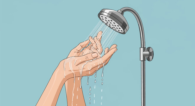 Vector illustration of a woman's hands under a chrome shower head with flowing water streams and droplets, set against a solid light blue background, hygiene and skincare concept.