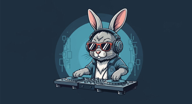 Vector illustration of a stylish gray rabbit wearing red sunglasses and headphones, performing as a DJ on a turntable mixer console with digital background elements.