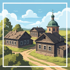 Naklejka premium Illustration of a traditional old village featuring wooden houses and a church with a green onion dome, set in a rural landscape with dirt roads, green fields, and a cloudy blue sky.