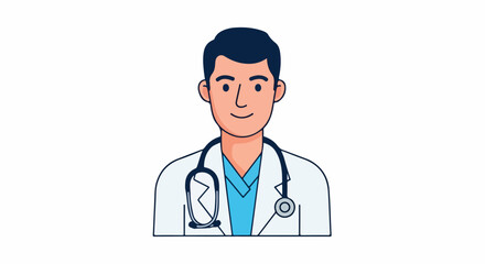 Fototapeta premium A friendly cartoon doctor wearing a white coat with a stethoscope smiles, ready to help patients