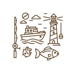 Naklejka premium seaside icons with fishing rod boat lighthouse fish and clouds nautical symbols