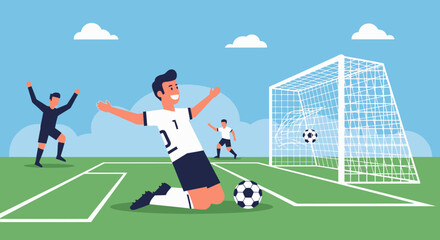 Obraz premium Jubilant football player celebrating a triumphant goal on the field, expressing immense joy after scoring during a competitive soccer match, showcasing the thrill of victory