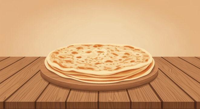 Vector illustration of a stack of fresh Indian flatbreads like paratha or roti on a circular wooden board resting on a rustic timber plank table against a plain warm background.