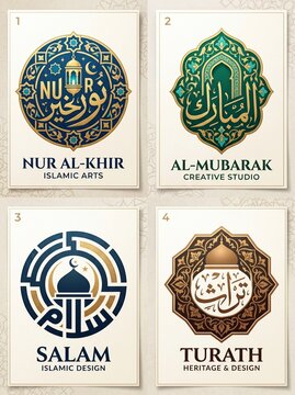 Islamic Arabic logo collection featuring elegant calligraphy, geometric patterns, and traditional motifs. Set of professional brand identities for arts, education, tourism, and cultural heritage