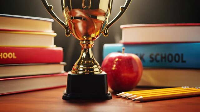 Golden trophy and books symbolizing academic achievement, success, learning, and education, with an apple and pencils nearby
