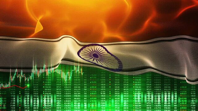 Financial chart overlaid waving flag Indian rupee stock market chart. stock market data, Indian Rupee Symbol in Cyber World digital Indian Rupee backdrop of circuits, glowing futuristic aesthetic.