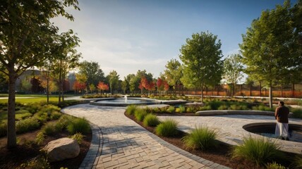 Obraz premium Serene park landscape with paved pathways and water features fountain trees