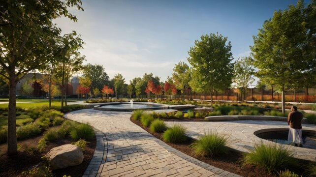Serene park landscape with paved pathways and water features fountain trees