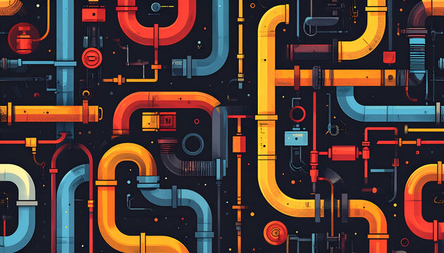 Colorful Industrial Plumbing System Network Background.