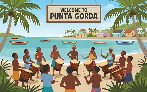 Group of Garifuna men playing traditional drums on a sandy beach in Punta Gorda, Belize, drumming
