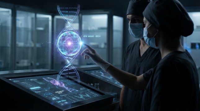 Genetic Researchers Examine a Holographic Dna Helix Highlighting a Brca1 Gene Variant in a Futuristic Laboratory