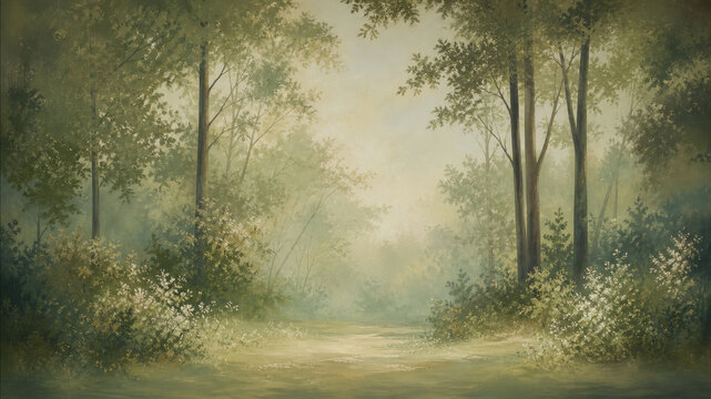 A misty woodland path framed by tall trees and pale wildflowers, rendered as a soft scenic backdrop with muted green light and a dreamy painted atmosphere. Hand-painted photo studio backdrop for compo