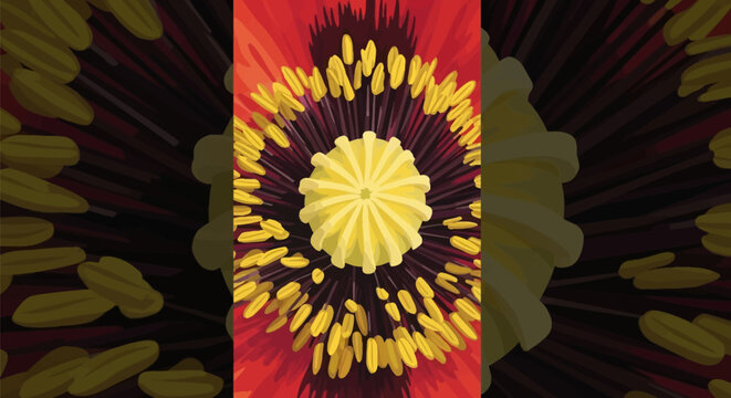 Detailed vector illustration of the central core of a red poppy flower featuring a yellow seed pod stigma surrounded by numerous yellow anthers and dark filaments on red petals.