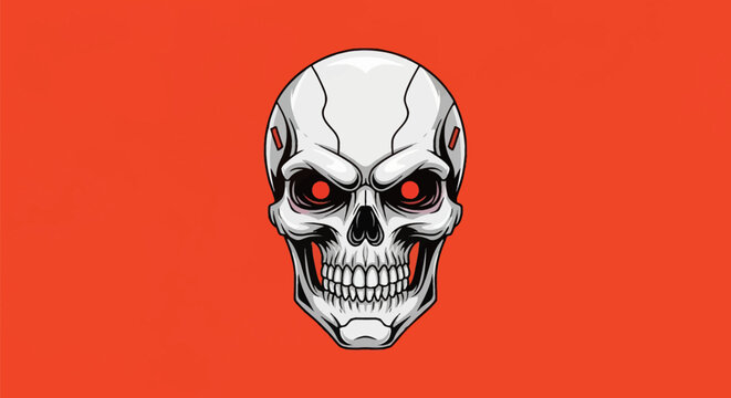 Vector illustration of a futuristic cybernetic skull with robotic cranium plating and glowing red eyes isolated on a solid orange background, detailed mechanical skull anatomy.