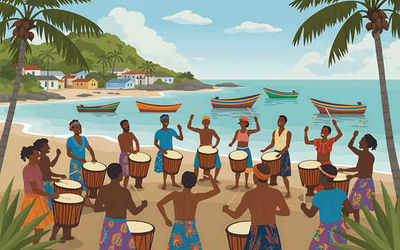 Group of people playing djembe drums on a tropical beach with boats and a coastal village background
